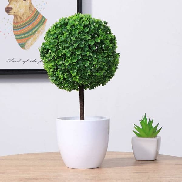 Set med 2 små konstgjorda topiary-blomkrukor i vit keramik