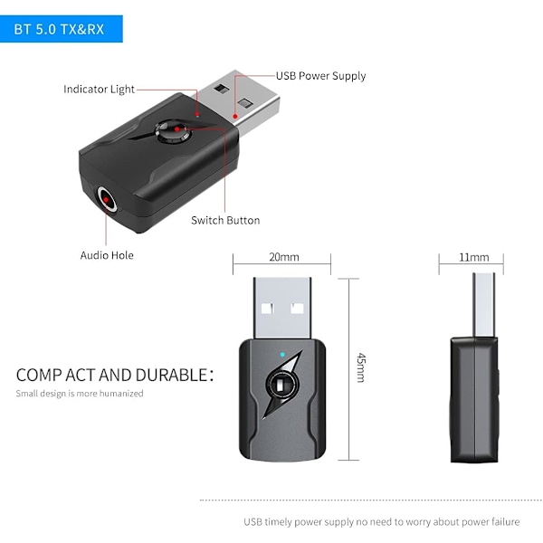 USB Bluetooth 5.0 -sovitin, USB Bluetooth -äänilähetin 5.0 -vastaanotin Bluetooth-sovitin 3,5 mm:n äänikaapelilla PC:lle/TV:lle/autolle/kaiuttimille/MP3:lle/kuulokkeille