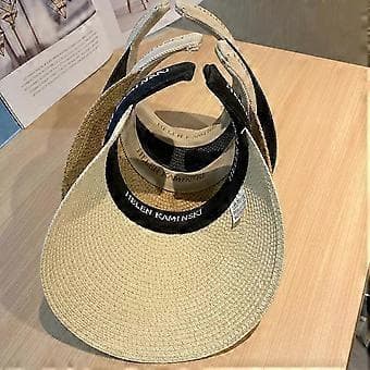 Sommer stråvevd tom lue, solhatt, solbeskyttelse strand stråhatt, ingen topp hårbånd, solhatt (Beige)