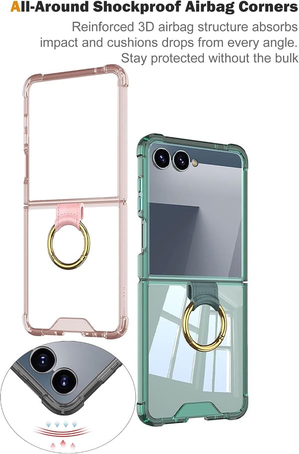 Cover til Samsung Galaxy Z Flip 7, med hængselbeskyttelse og ringholder (Transparent)