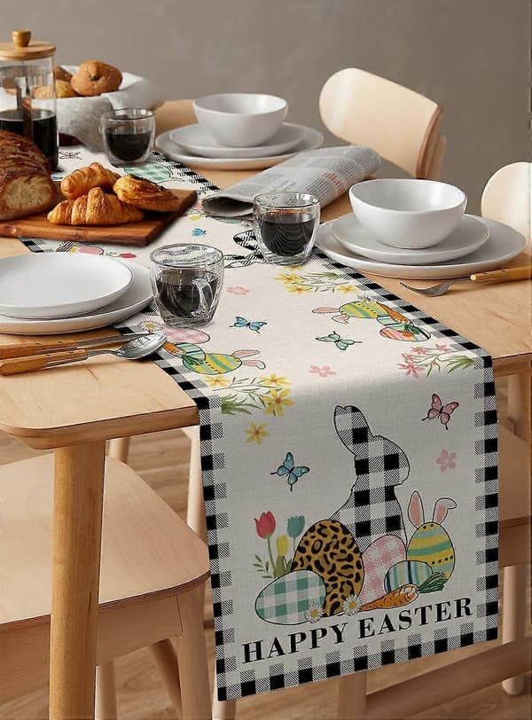 Plaid Bunny Easter Egg Table Runner 13 x 72 inch for Easter Decoration Home Kitchen Dining (FMY)