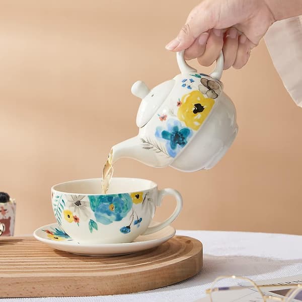 Porcelæn Te Til Én, Håndmalet Akvarel Blomstret Tekande Og Kop Sæt, Blomstrende Blomster