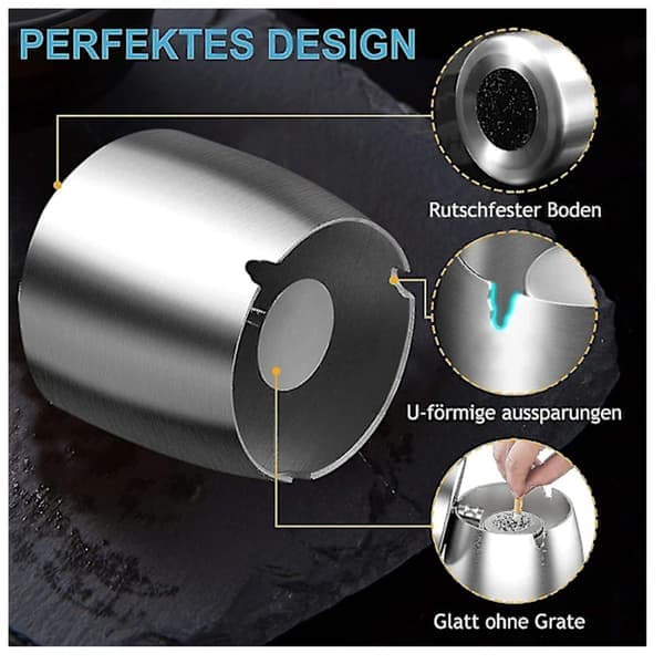 Windproof Stainless Steel Ashtray with Lid, Outdoor Ashtray with Non-Slip Bottom, Silver, Medium Size