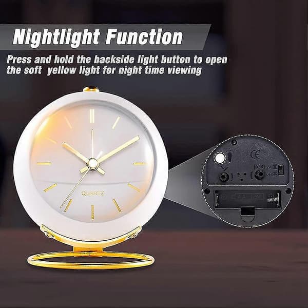 Battery-powered Desk Alarm Clock with Lamp, Retro Silent Analog Small Clock, Table and Nightstand Alarm Clock