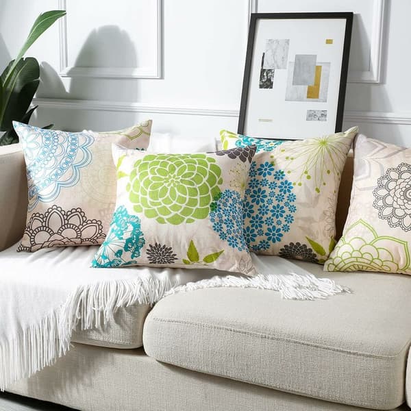 Kuddfodral, Triomphe Set med 4 Linnesoffkuddar för Hem, Vardagsrum, Sovrum, Heminredning 45 x 45 cm (Dahlia Blå och Grön)