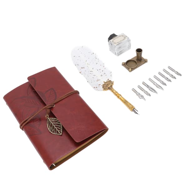 Quill Pen Notebook Set Classic Loose Leaf Paper Quill Pen Notebook Gift with 8 Replaceable Nibs for Elders Teachers White Dots