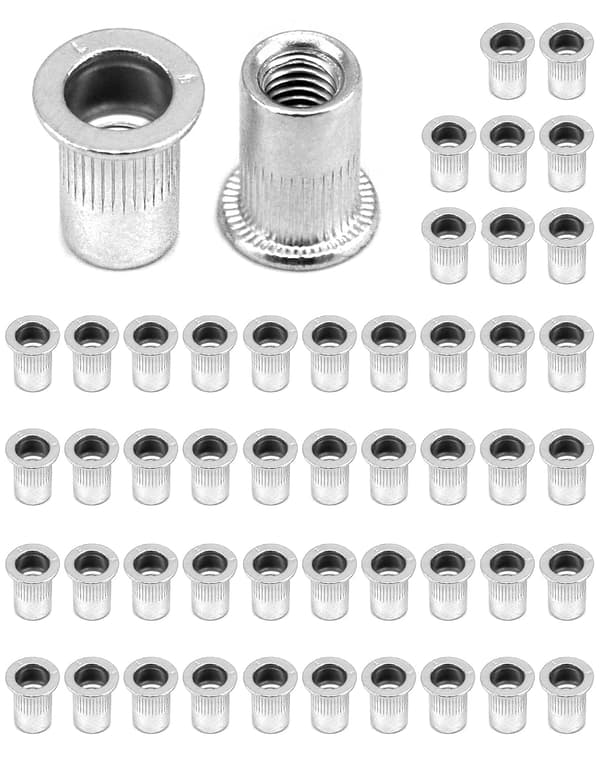 50-pakning M6 naglemutter, flatt hode, aluminiumlegering, for møbelmontering, håndverksdekorasjoner