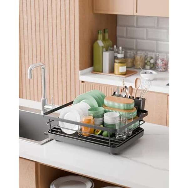 Kitchen Dish Drying Rack - Compact and Space-Saving Dish Rack, Stainless Steel Dish Rack with Cutlery Holder, 29.0 x 38.1 x 12.7 cm, Black