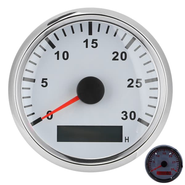 85mm / 3.3in Boat Tachometer Sensor IP67 Tacho Gauge 12V / 24V Red Light with LCD Display Service Hour Meter 3000 RPM Silver Frame White Dial