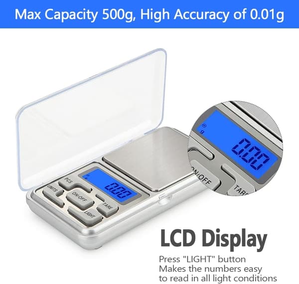 Digital Pocket Scale, 500g Capacity High Precision with 0.01g Accuracy, Mini Electronic Gram Scale for Reloading