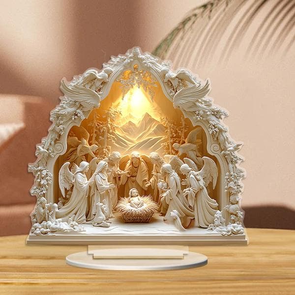 Kunstnerisk 2D Religiøs Julekrybbeskulptur med Base Akryl Skrivebordspynt
