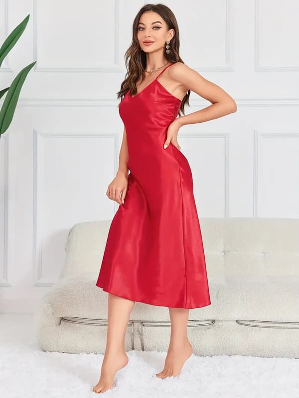 Solid Satin Slip Nattlinne, Elegant V-ringad Rygglös Spaghettirem Nattklänning, Dam Sovkläder & Klänningar Röd Röd M Red M