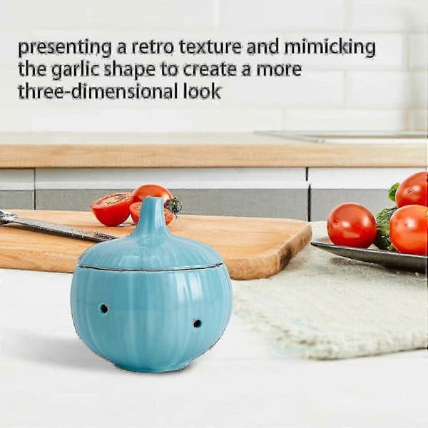Ceramic Garlic Container with Lid, Ventilated Storage Jar for Ginger and Garlic Blue Blue