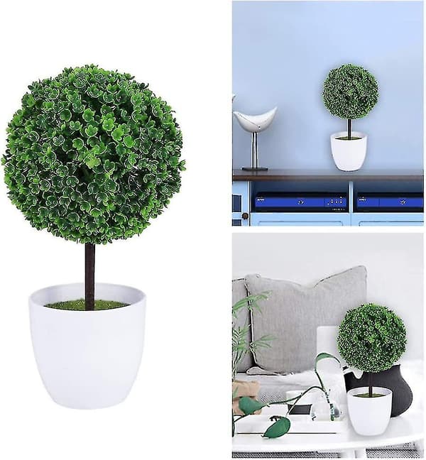 Set med 2 små konstgjorda topiary-blomkrukor i vit keramik