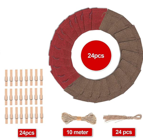 Julekalender, 24 stk. adventskalenderposer til fylling, julenedtelling
