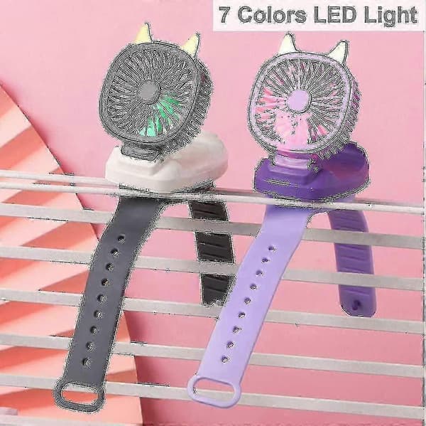 Håndholdt køleventilator med håndledsrem USB-genopladelig 3-hastigheds farverig LED-lampe