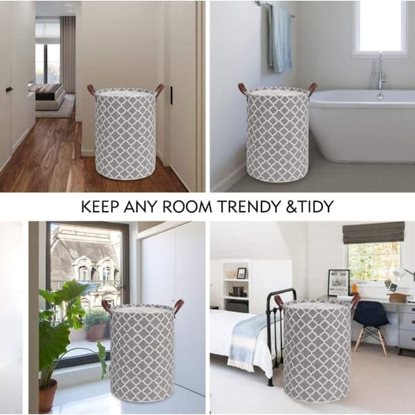 48L Large Laundry Hamper with Durable Leather Handle, Drawstring
