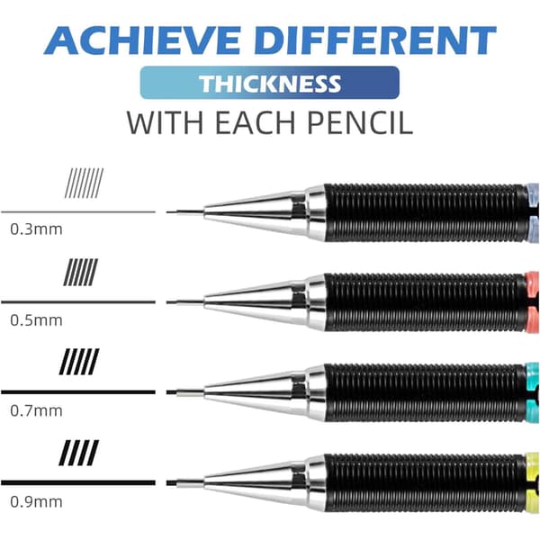 Mechanical Pencil Set, 0.3 0.5 0.7 0.9mm HB Mechanical Pencil Automatic Pencil Lead Pencil Architecture Drafting Pencil with Eraser Lead