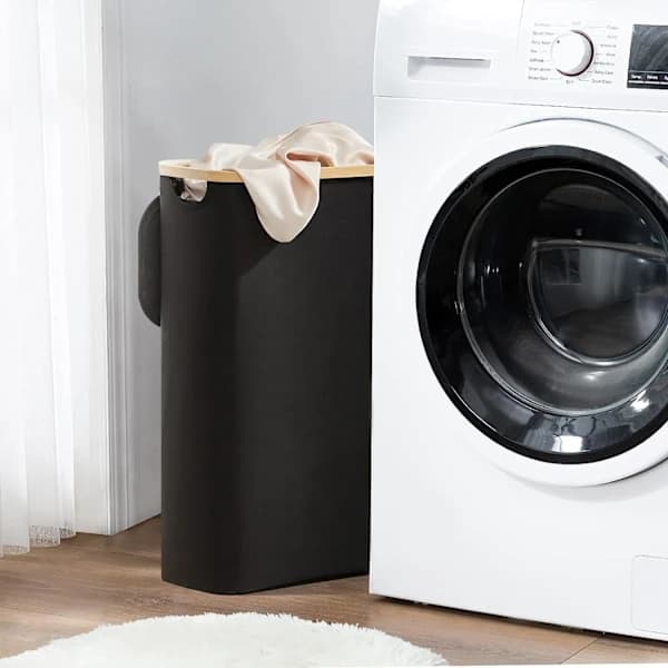Laundry basket with lid, 48 liters large, with laundry bag, foldable laundry basket with handle, bamboo laundry basket, black, as