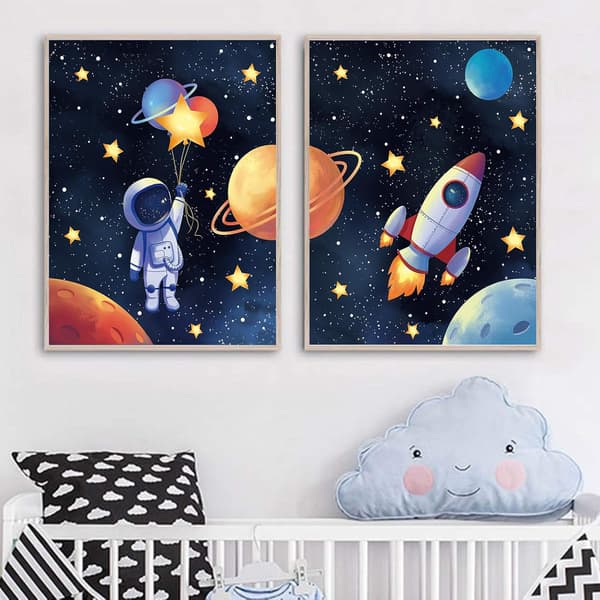 Astronaut Rymd Canvas Målning för 3 Delar, Spelrum Väggdekor, Solsystem Raket Väggposter