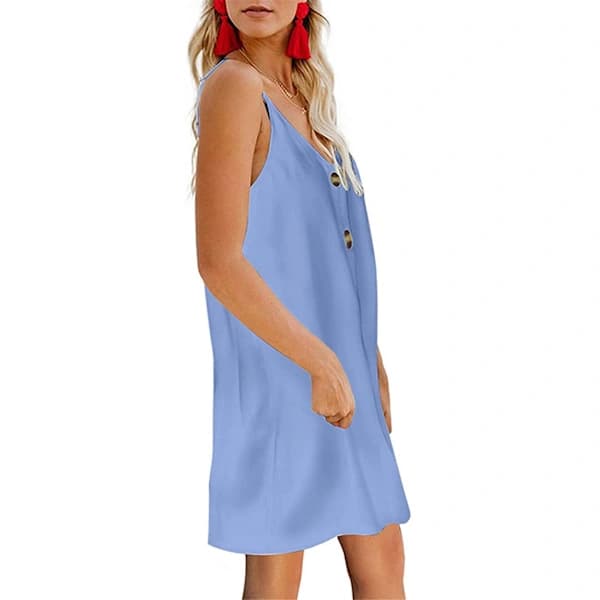 Women's Summer Dress with Spaghetti Straps, Button-Down, V-Neck, Sleeveless, Casual --- Sky Blue (Size M)