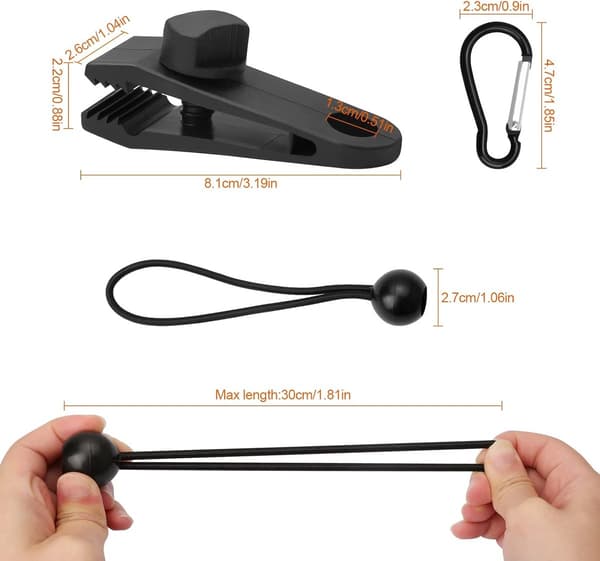 Tarp Clips, 30-pack Nylon Tent Clip, Adjustable for Camping, Awnings, Sleeping Bags, Black