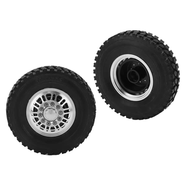 2 stk. RC-bildæk Forhjulsnav Sølv Aluminiumslegeringsfælge Sorte Gummidæk til Tamiya 1/14 Tippbil