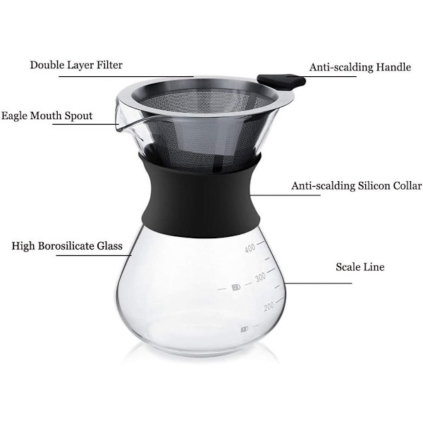 Glaskaffebrygger - Manuel filterkaffebrygger - Med filter i rustfrit stål - 200 ml