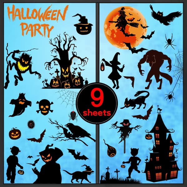 Halloween Vindusdekorasjon 9 Ark PVC Dobbeltsidig Gjenbrukbare Halloween Dekaler Flaggermus Slott Edderkopper Spindelvev Døde Trestammer