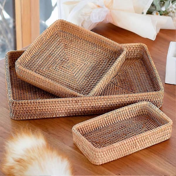 Handwoven Storage Basket Rattan Storage Tray Baskets Bread Fruit Food Breakfast Display Box