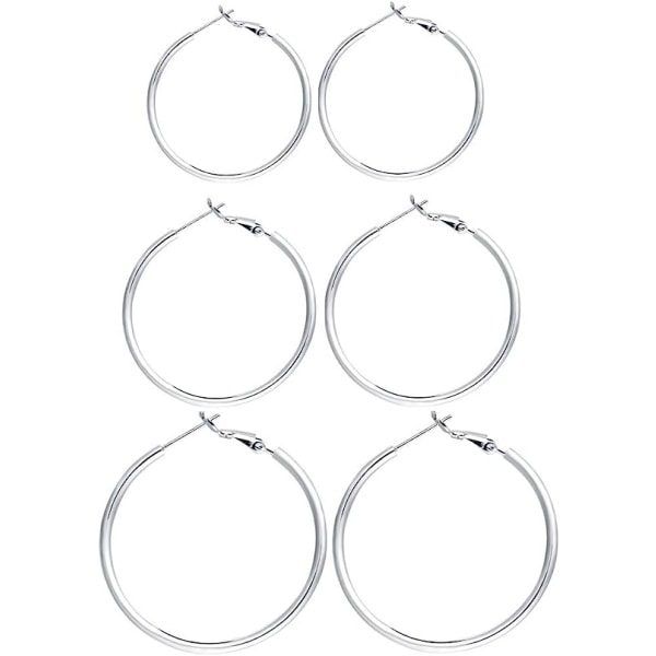 3 par Sterling Silver Post Hoop örhängen (40/50/60MM) silver