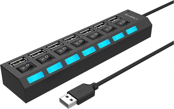 Multiport USB-splitter, 7-porters USB 2.0-hub, USB A datahub med
