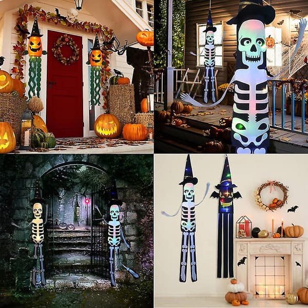 Halloween LED Lysende Vindpose Græskar Spøgelse Vindpose Flag Udendørs Hængende Dekoration Til Have (Skelet Farvet Lys)