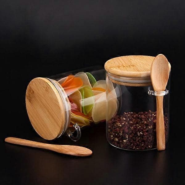 2X Glas Mat Lufttät Burk Twist Lock Kök Godisförvaringsburk Bambu Mat Med Nest