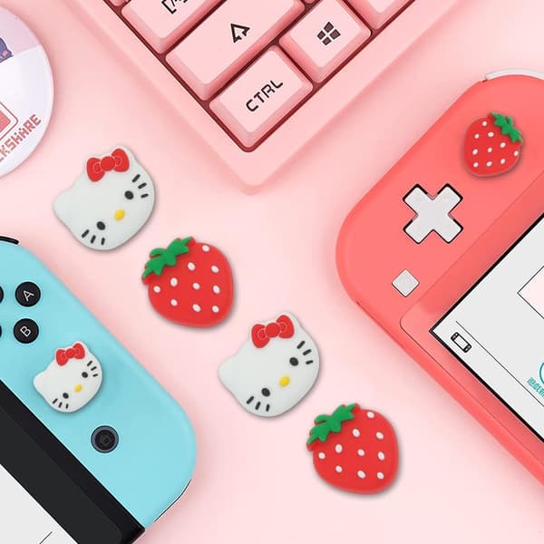 Switch tommelgrepsdeksler, søte kattunge joystick-deksler for Nintendo Switch/Lite/Switch OLED, 4 stk tommelgrepsbeskyttelse, jordbær