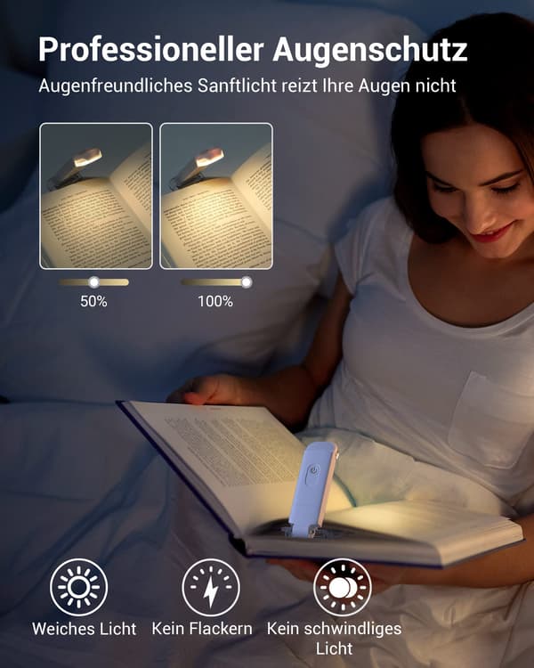 Book Light with Clip, USB Rechargeable Clip-on Light for Reading in Bed, 3 Adjustable Brightness Levels, Warm White Reading Lamp White white