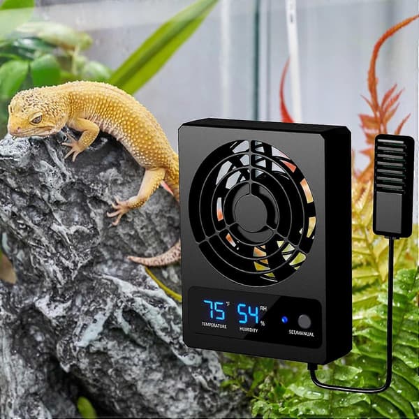 Ventilationsventilator til krybdyrbur, effektiv køleventilator med fugtighedsmåler og LED-display til regnskovsterrarier og slanger