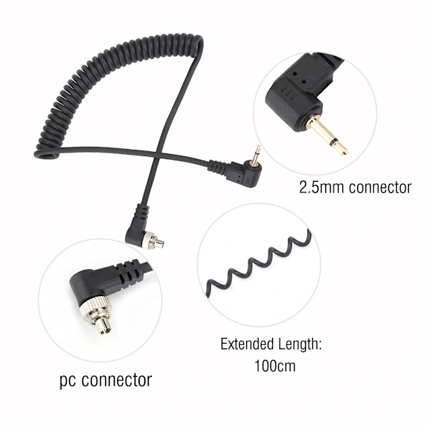 2.5mm Male Flash PC Sync Cable with Screw Lock, Extended Coiled Cable