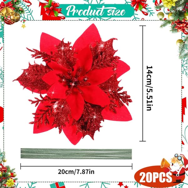 10 Christmas Decorations, Artificial Christmas Flowers, Glitter C