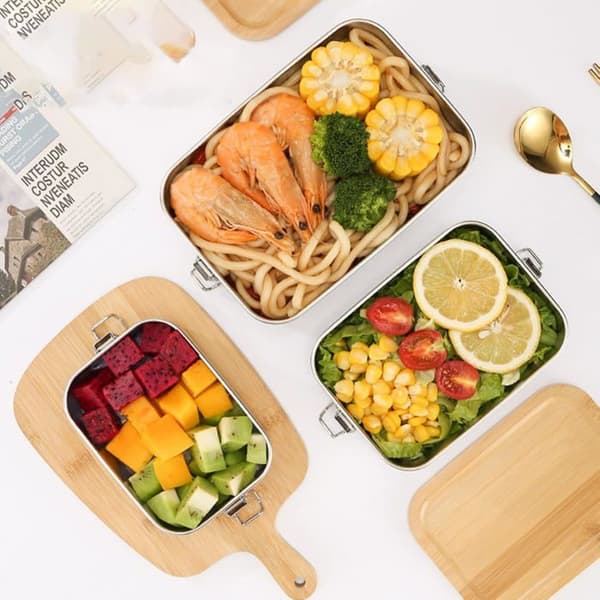 Bento matboks for voksne/barn, 1000 ml metallboks i rustfritt stål med trelokk, frokostboks