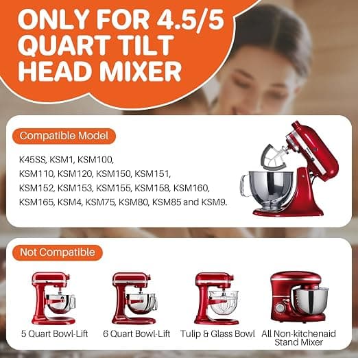 4,5/5 Quart Flex Edge Visp, egnet for KitchenAid vippehode vertikal mikser, alle metallstøpte blader, med fleksibel silikonkant skålscr