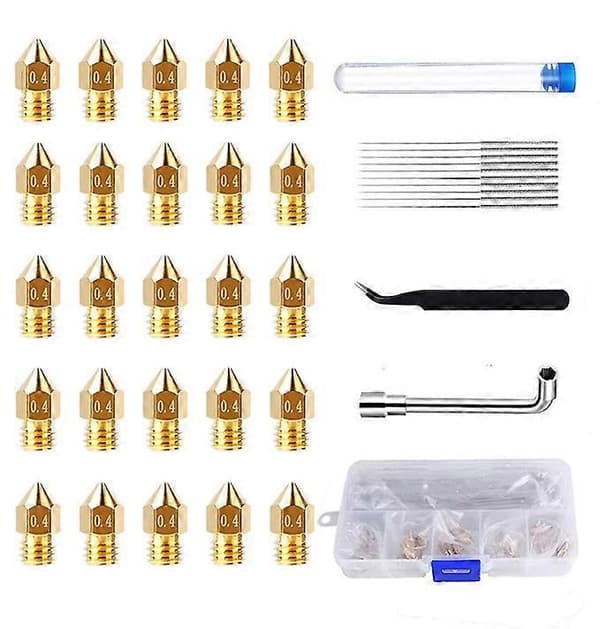 Nozzle Set for MK8 3D Printer, 25 Nozzles with Cleaning Needle, Tweezers, Tool Set, Wrench