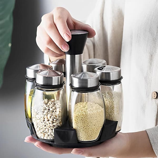 Spice Organizer | 360° Rotatable | With 6 Spice Jars | Glass Jars | 6 Spice Jars on Stand |
