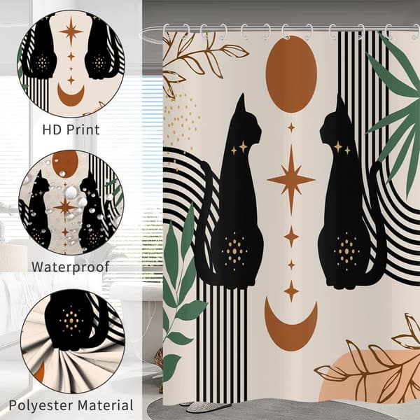 Boho Bruseforhæng 180x180, Abstrakt Sort Kat Blad Måne Stjerne Beige Badeværelsesgardin Moderne Terrakotta Kunst Æstetisk Vandtæt Polyester Fab