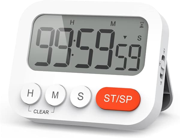 Multifunktionel digital køkkentimer med urfunktion, hurtig indstilling, 3 lydstyrkeniveauer, magnetisk bagside, foldbart stativ
