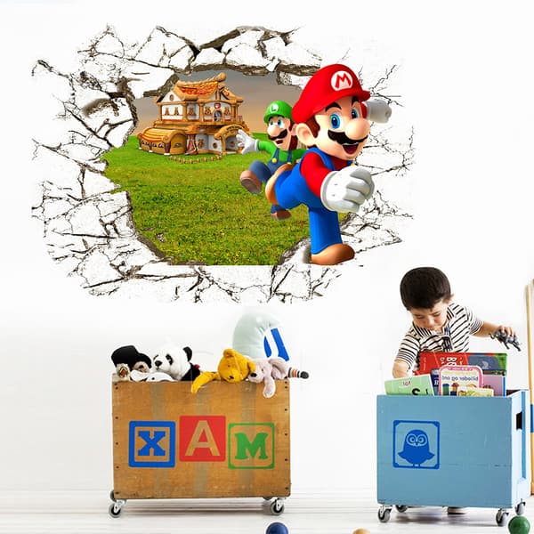 Väggdekaler 3D Bruten Vägg Mario Väggdekaler Mural Dekaler för Sovrum Vardagsrum TV-vägg