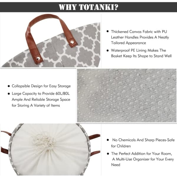 48L Large Laundry Hamper with Durable Leather Handle, Drawstring