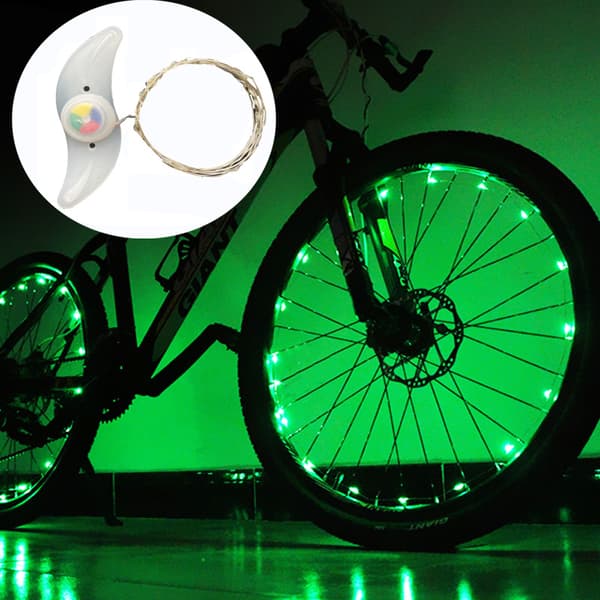 Green LED bicycle wheel lights in one piece provide brightness and v