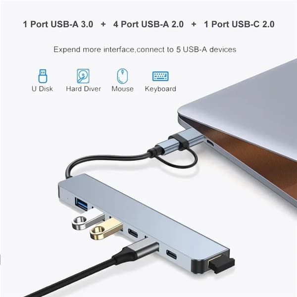 7-portars USB-hubb med 3.0 Typ-A och 2.0, för bärbar dator och PC-expansion