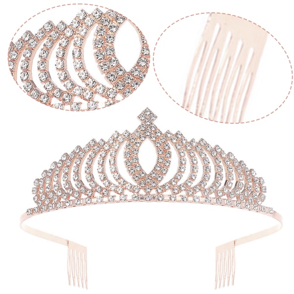 Dame Elegant Glitrende Rhinestone Krone Hårbånd Tiara, Rosegull